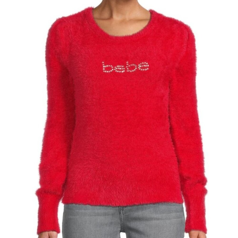 Bebe Embellished Logo Fuzzy Sweater